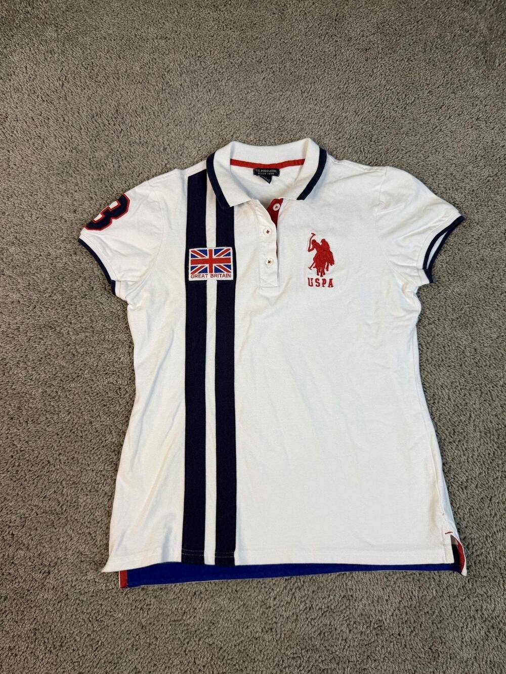 U.S. Polo Assn. Shirt Womens M White Striped Polo Jersey Embroidered USPA